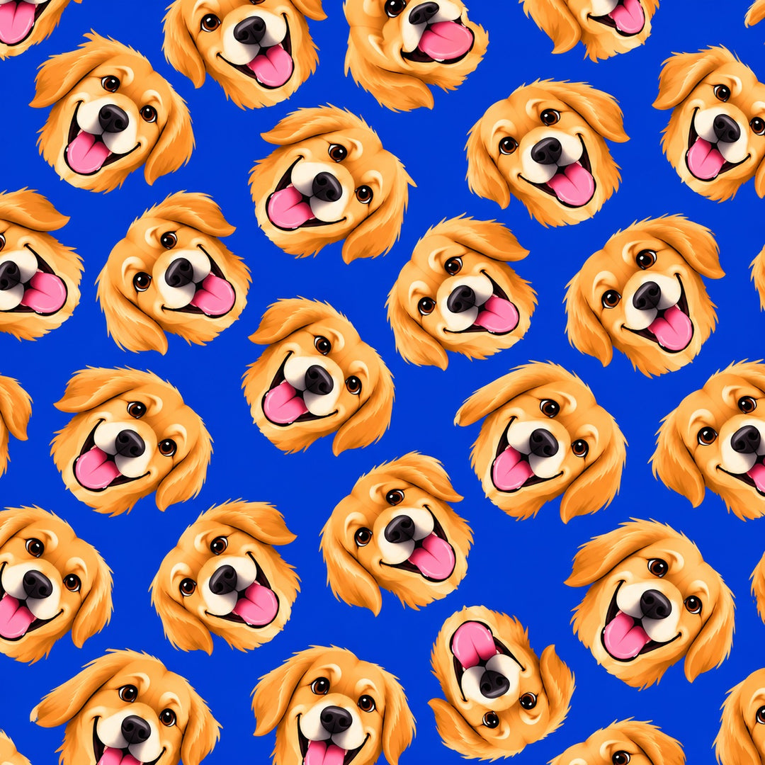 Close up of the custom cartoon golden retriever scrub cap fabric print on royal blue 100% premium Kona cotton