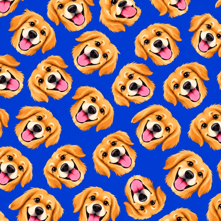 Close up of the custom cartoon golden retriever scrub cap fabric print on royal blue 100% premium Kona cotton