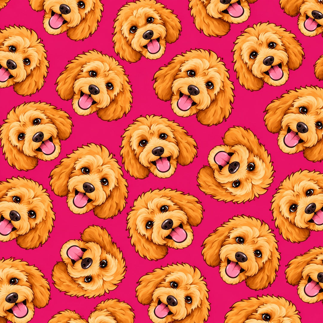 Close up of cartoon goldendoodle bouffant fabric print on hot pink 100% premium Kona cotton