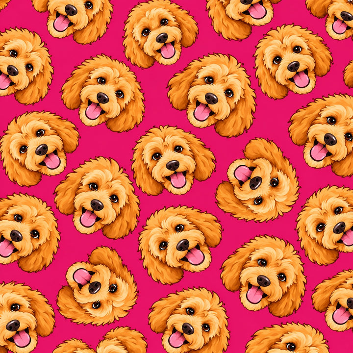 Close up of cartoon goldendoodle bouffant fabric print on hot pink 100% premium Kona cotton