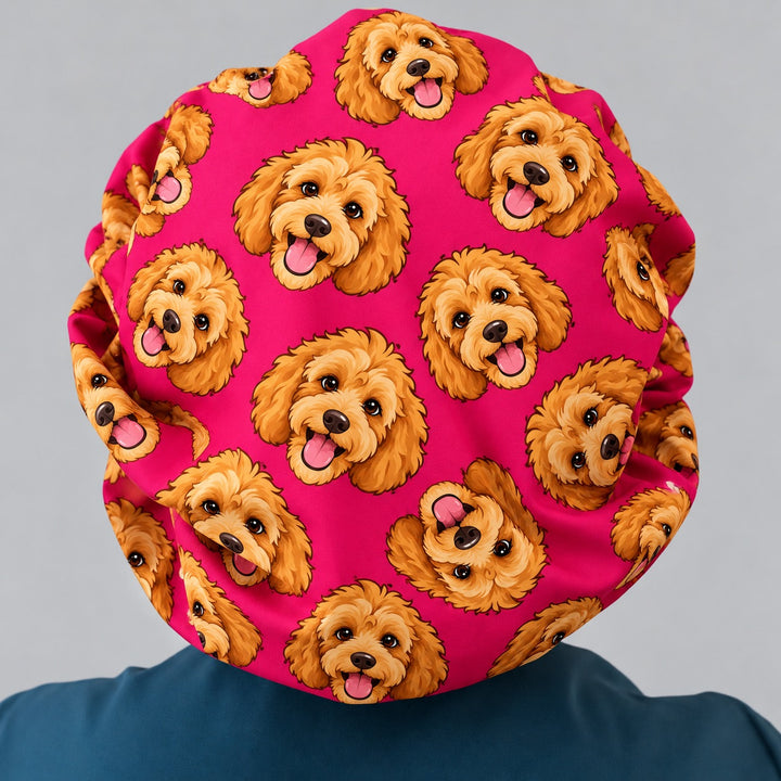 Back view of a cartoon pet bouffant scrub cap showing the full adjustable elastic back for curly and long hair