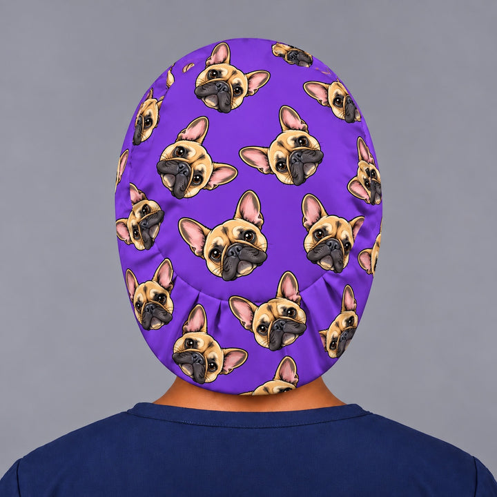 Back view of a cartoon pet euro scrub cap showing the gathered elastic back, a custom gift for vet techs
