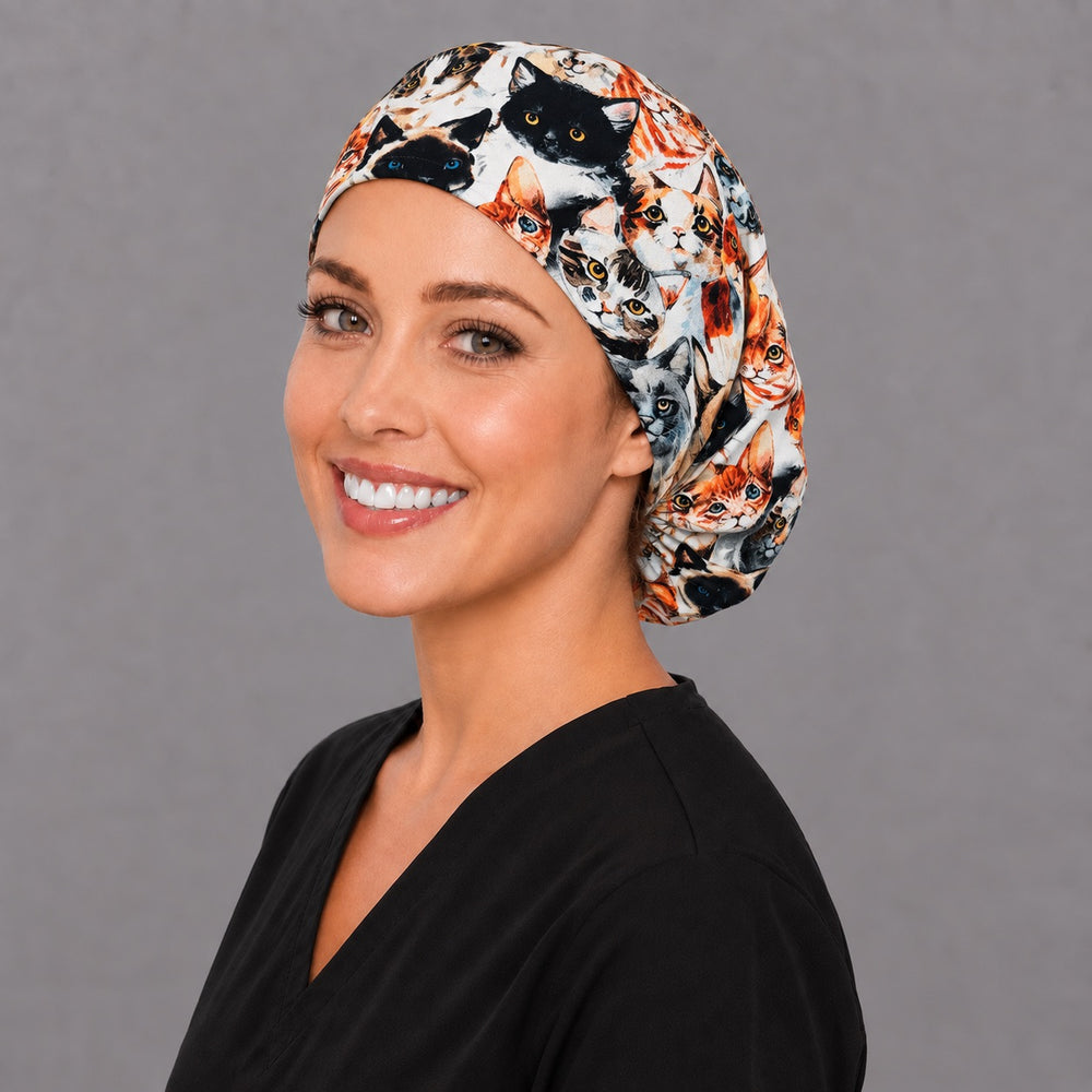 Cat Face Euro surgical cap, left angled view — elastic adjustable back that secures long or thick hair