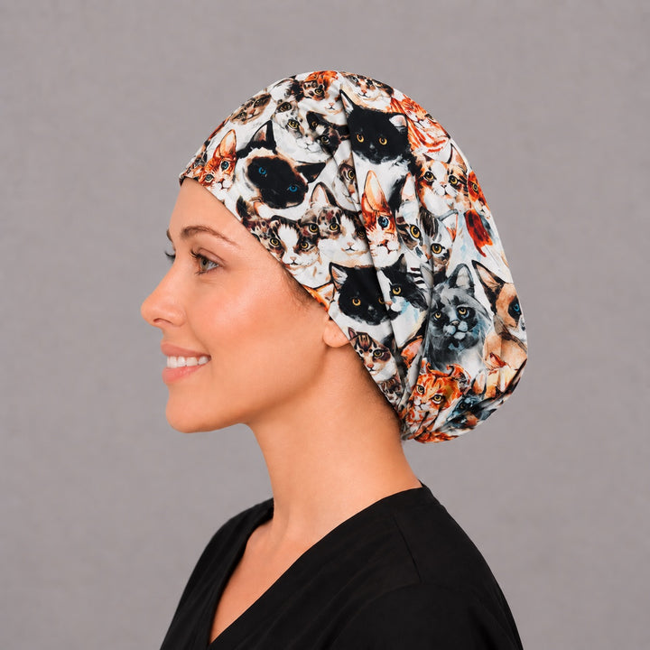 Cat Face Euro scrub cap, right angled view — calico and black cat print for OR nurses and vet techs