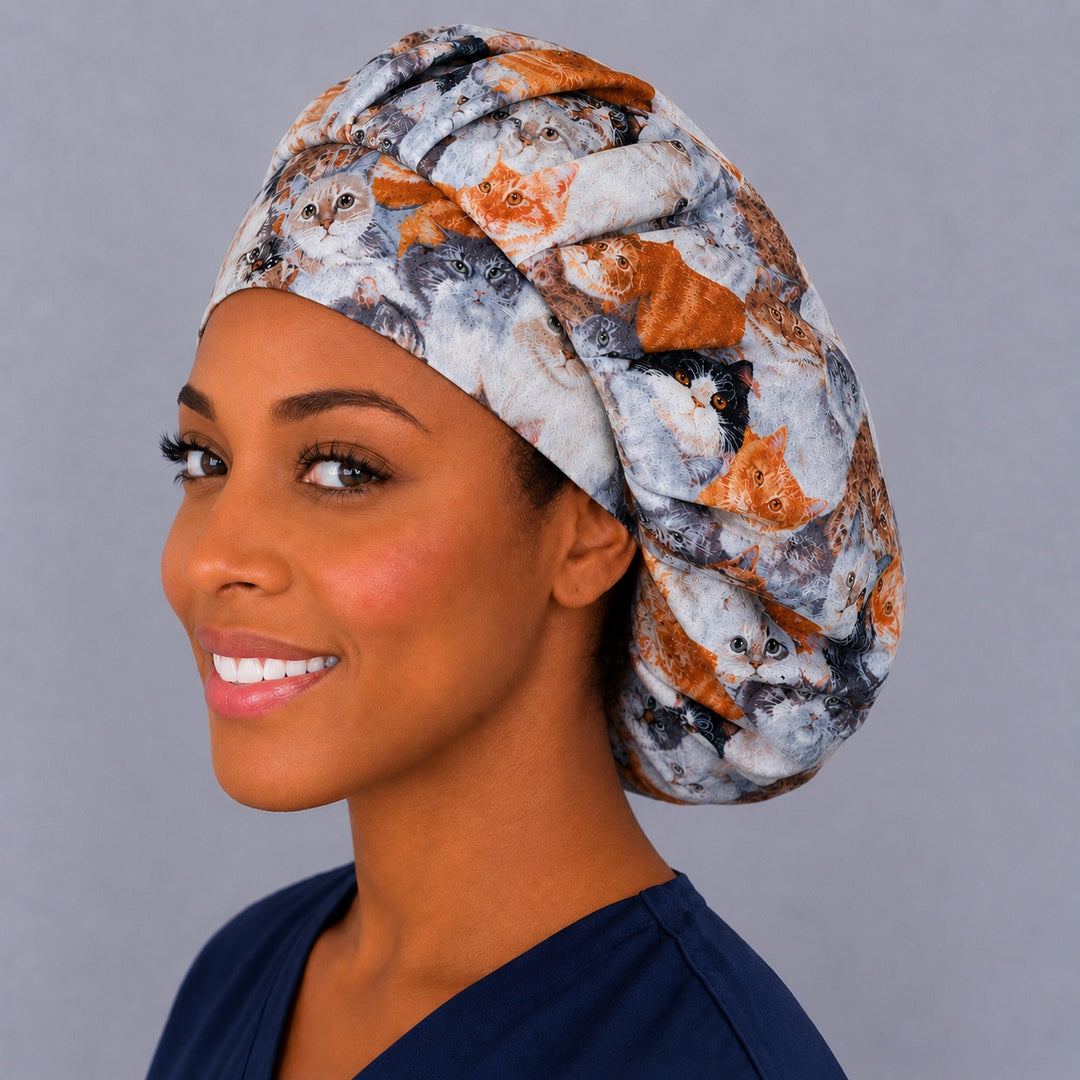 Cat lover bouffant surgical cap for long hair, left angled view — deep gathered fit that secures thick or braided hair