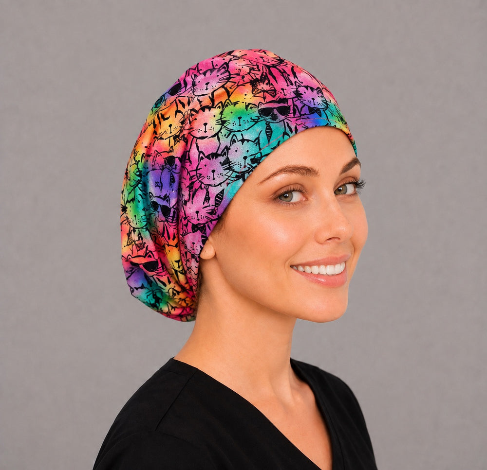 Cat lover Euro surgical cap, left angled view — elastic adjustable back with full coverage, favorite with vet techs