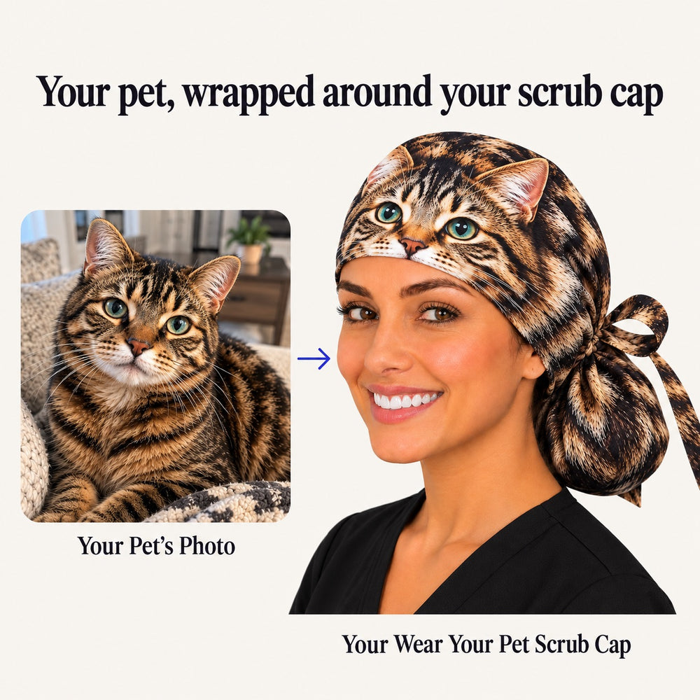 Before and after of a real tabby cat photo turned into a personalized wrap-around pet portrait ponytail scrub cap