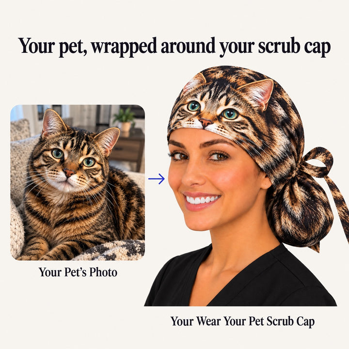 Before and after of a real tabby cat photo turned into a personalized wrap-around pet portrait ponytail scrub cap