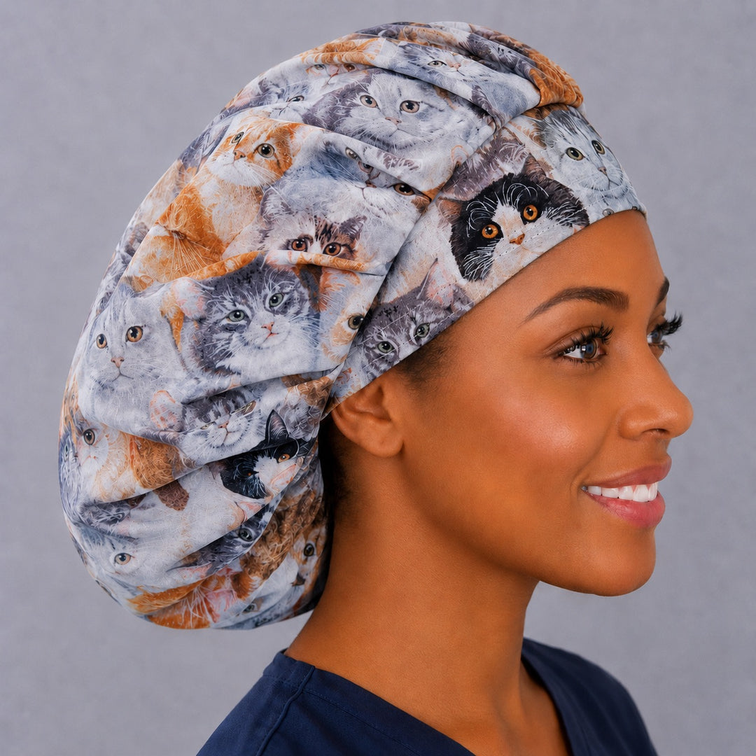 Right side profile of the cat print bouffant surgical hat — roomy breathable cotton cap for vet techs and veterinarians