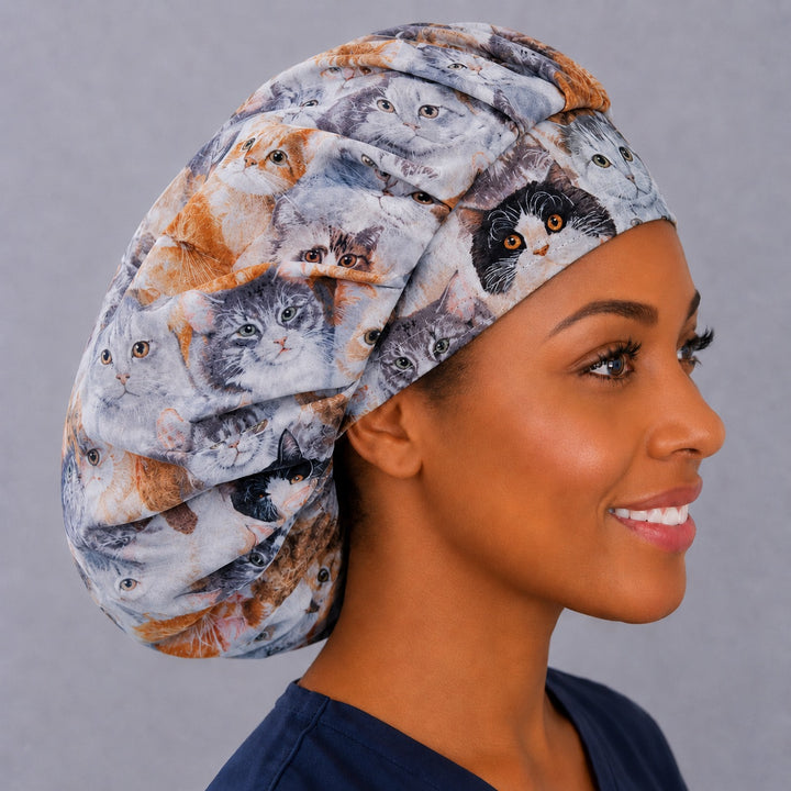 Right side profile of the cat print bouffant surgical hat — roomy breathable cotton cap for vet techs and veterinarians