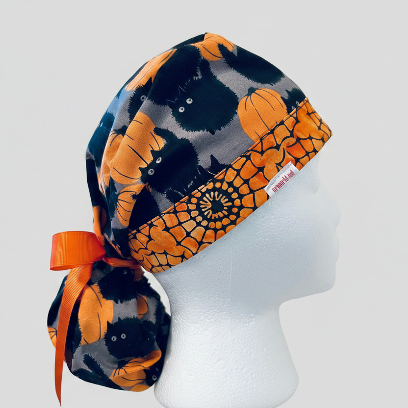 Ponytail Halloween Black Cat & Pumpkin Scrub Cap | Surgical Hat for Long Hair | Adjustable OR Cap for Nurses & Surgeons | Satin Lining Option