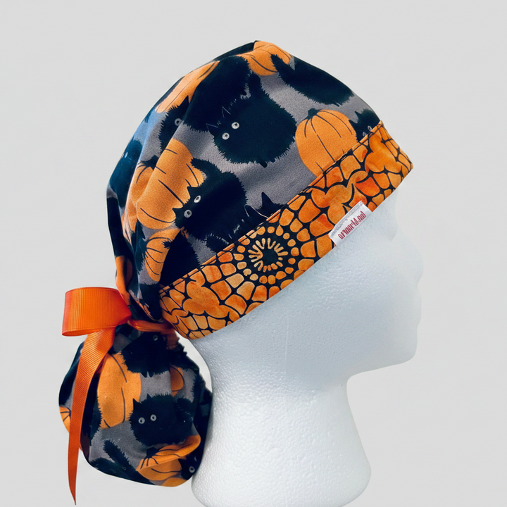Ponytail Halloween Black Cat &amp; Pumpkin Scrub Cap | Surgical Hat for Long Hair | Adjustable OR Cap for Nurses &amp; Surgeons | Satin Lining Option