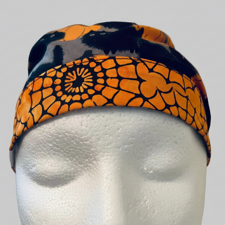Ponytail Halloween Black Cat &amp; Pumpkin Scrub Cap | Surgical Hat for Long Hair | Adjustable OR Cap for Nurses &amp; Surgeons | Satin Lining Option