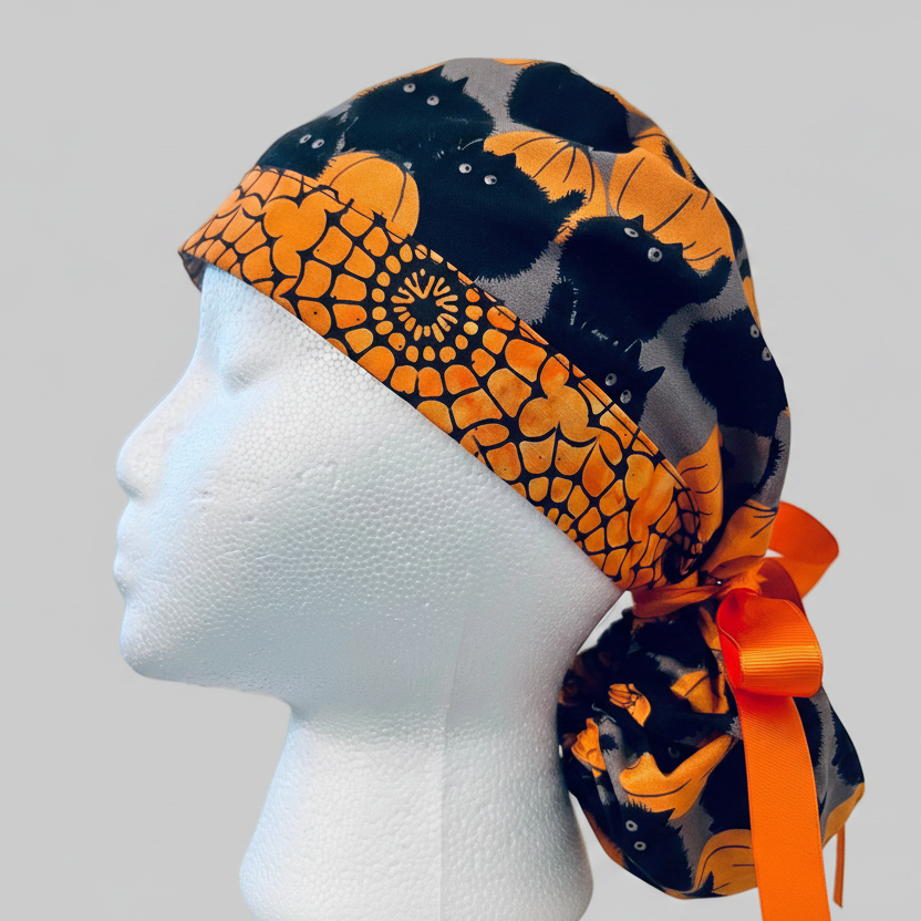 Ponytail Halloween Black Cat &amp; Pumpkin Scrub Cap | Surgical Hat for Long Hair | Adjustable OR Cap for Nurses &amp; Surgeons | Satin Lining Option