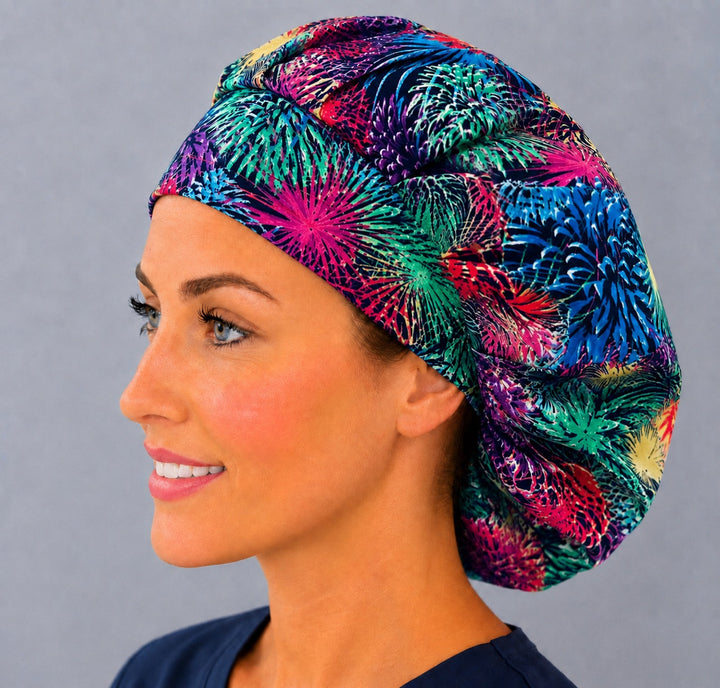 Celebration fireworks bouffant cap for women, left side profile — handmade neon burst surgical cap, USA made
