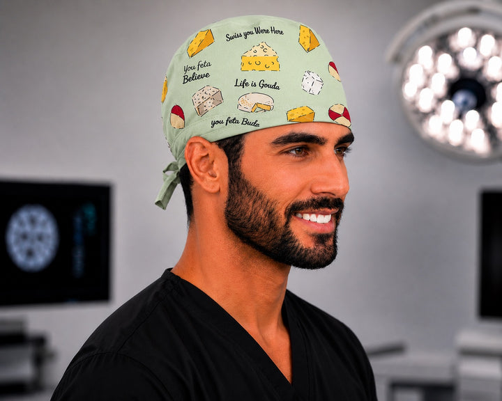 Side profile of cheese lover tieback scrub cap for men, a fun gift for nurses, dental and vet staff