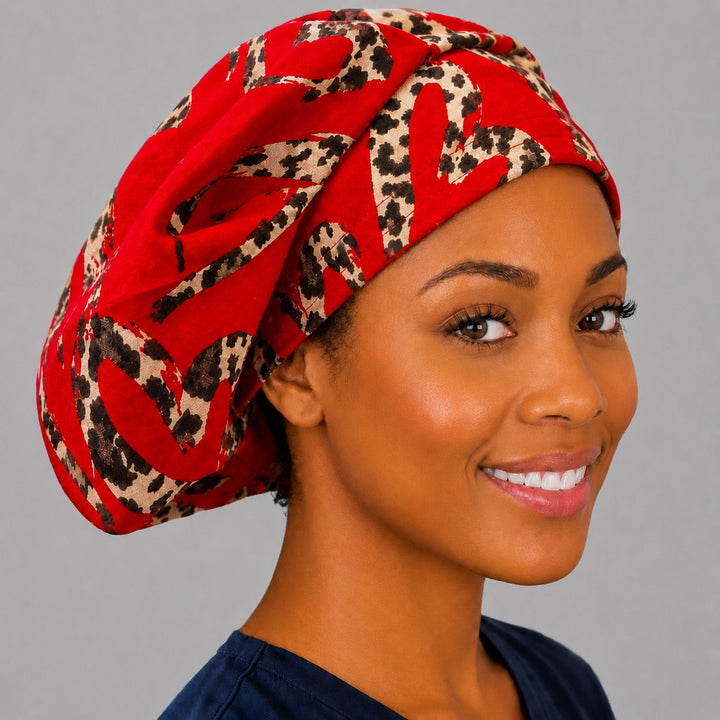 Cheetah heart bouffant surgical hat, right angled smiling view — animal print hearts on red, roomy breathable cotton cap for nurses