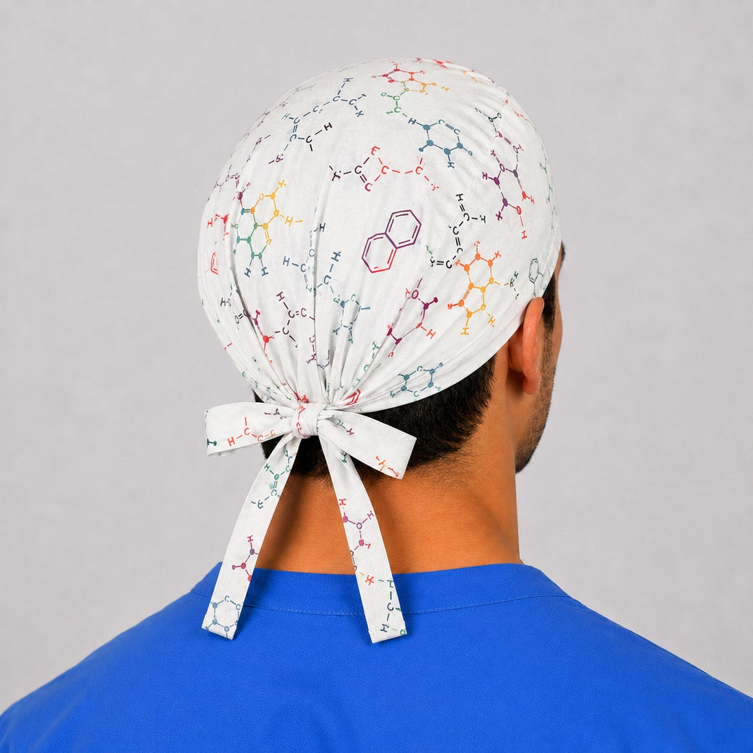 Chemistry molecule scrub cap angled view — rainbow molecular structure science surgical cap, handmade in the USA, gift for science nurses