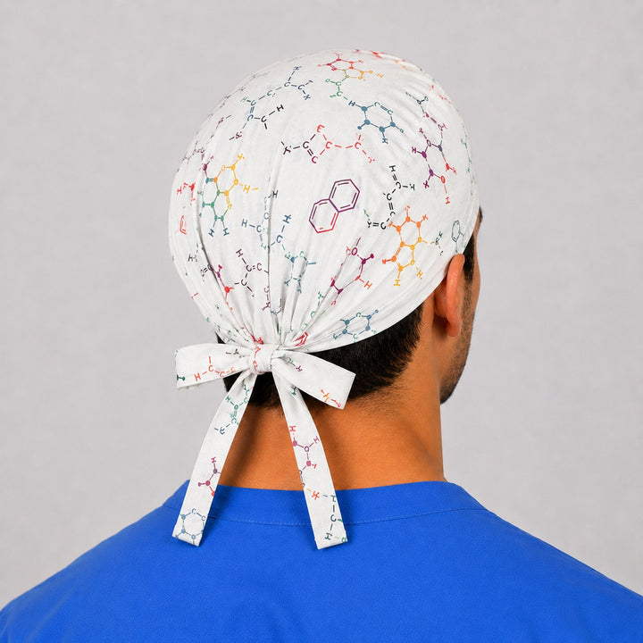 Chemistry molecule scrub cap angled view — rainbow molecular structure science surgical cap, handmade in the USA, gift for science nurses