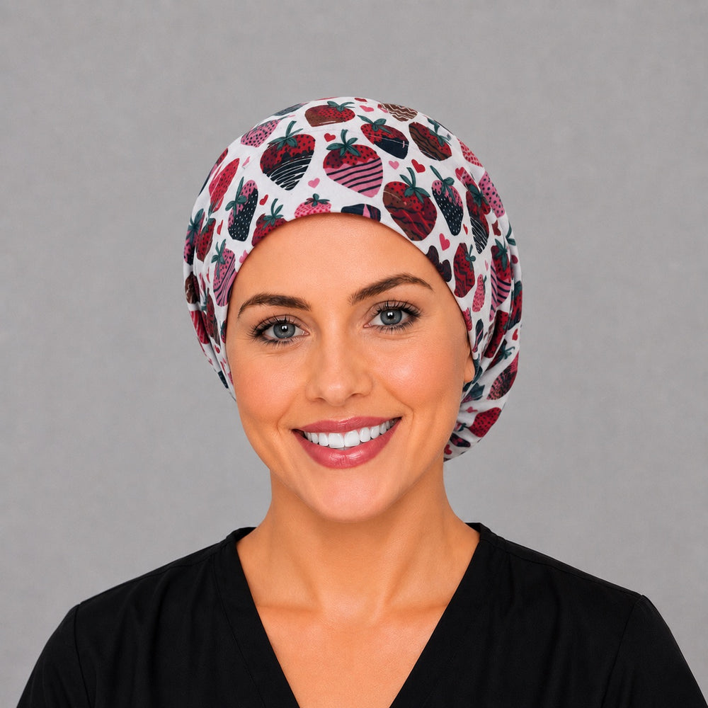 Chocolate-dipped strawberry Euro scrub cap, left side profile — breathable cotton cap with full head coverage