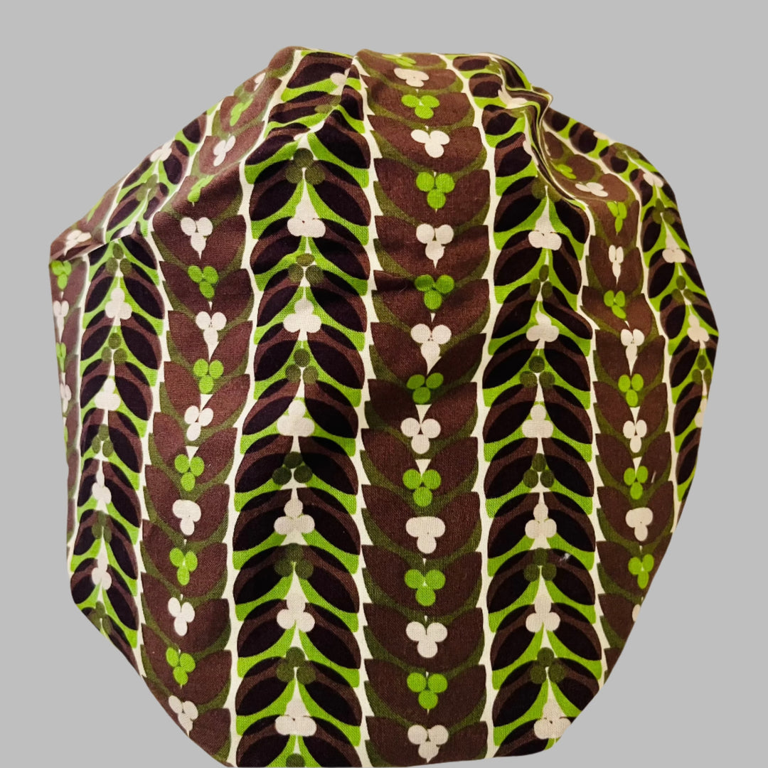 Back view of chocolate mint leaf bouffant scrub cap with room for long hair — handmade-in-USA OR World surgical hat for women.