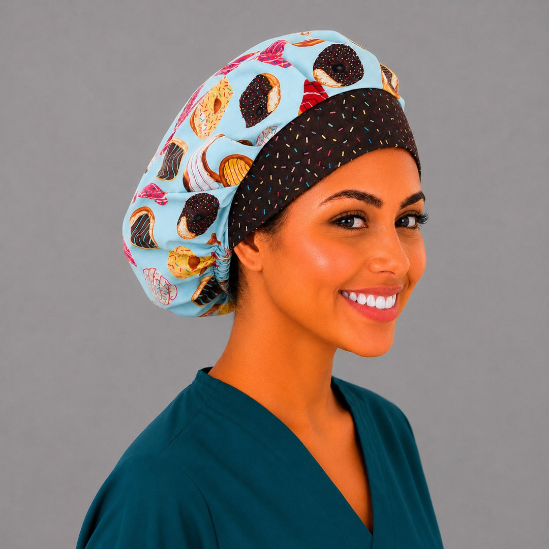 Chocolate sprinkle band bouffant scrub cap angled view — roomy bakery print cap that secures long thick hair, gift for bakers in healthcare