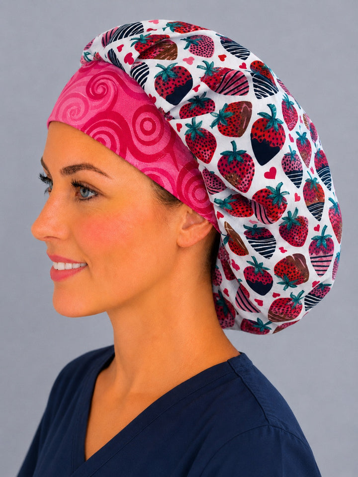 Chocolate strawberry bouffant scrub cap, opposite side profile — roomy elastic-back cap ideal for thick curly or long hair