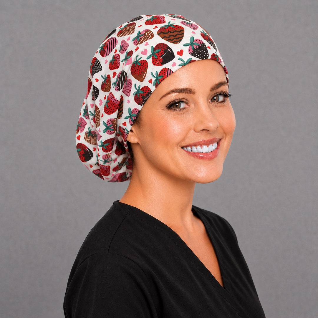 Back view of the chocolate strawberry Euro scrub cap — elastic gathered back showing dipped berries and hearts across the crown