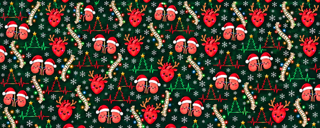 Flat fabric swatch of the Christmas anatomy print: reindeer hearts, Santa kidneys, light-wrapped spines, snowflakes and EKG Christmas trees on dark green