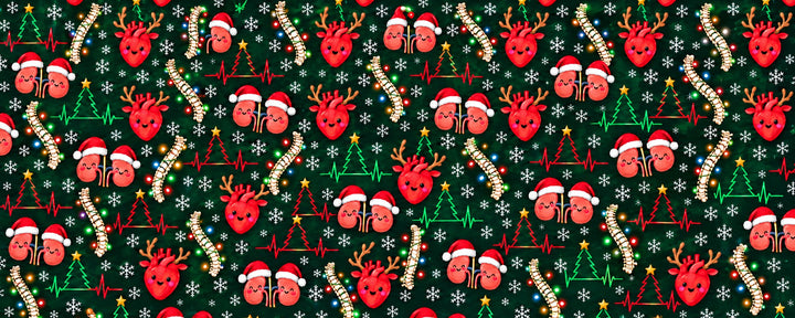 Flat fabric swatch of the Christmas anatomy print: reindeer hearts, Santa kidneys, light-wrapped spines, snowflakes and EKG Christmas trees on dark green