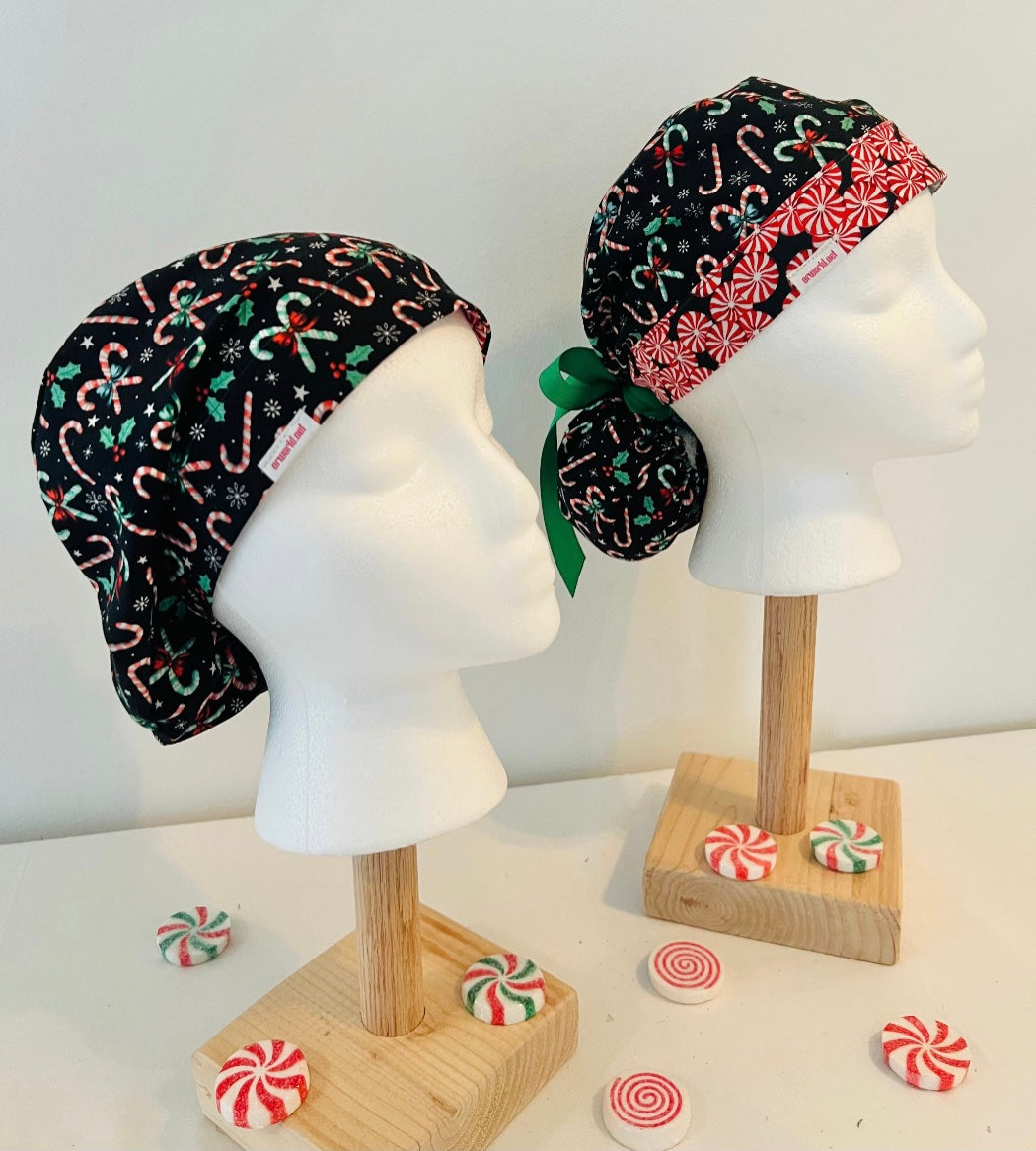 Christmas Candy Cane Euro scrub cap , ponytail cap and bouffant cap with festive candy canes, holly leaves, bows, stars, and snowflakes on a black background, comfortable surgical cap for nurses, surgeons, doctors, and healthcare professionals, angle views.