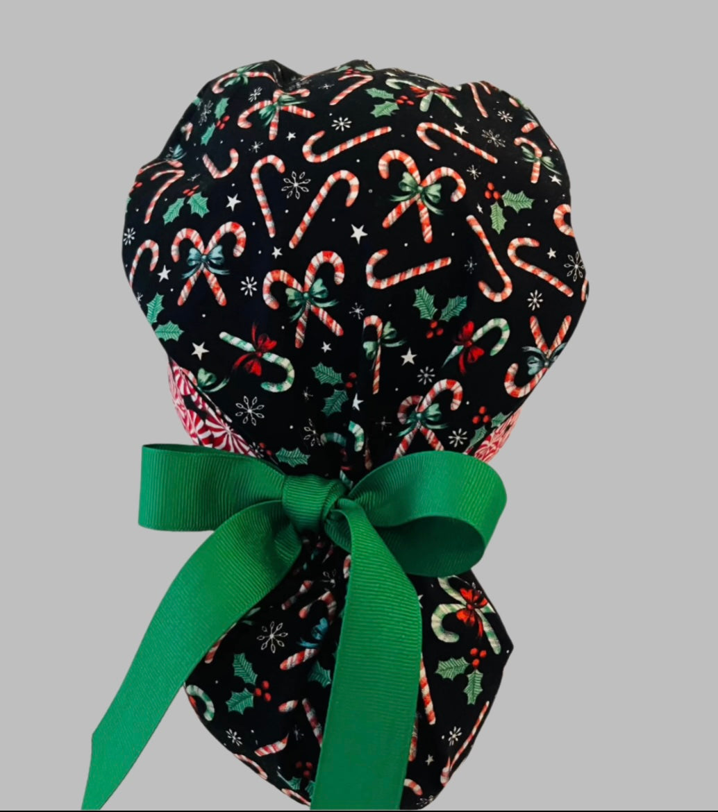 Scrub Cap, Christmas Candy Cane Ponytail Scrub Cap, Holiday Nurse Cap, Surgical Cap, Peppermint Christmas Gift for Nurses, Surgeons, Women, back view