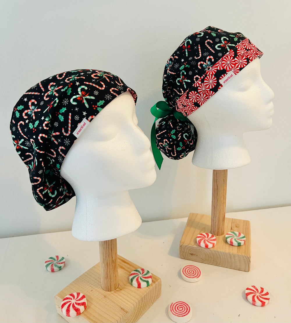Scrub Cap, Christmas Candy Cane Ponytail Scrub Cap, Holiday Nurse Cap, Surgical Cap, Peppermint Christmas Gift for Nurses, Surgeons, Women, bouffant and ponytail angle view.