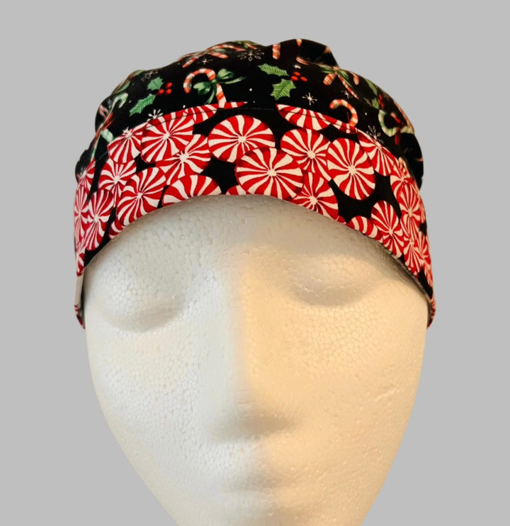 Scrub Cap, Christmas Candy Cane Ponytail Scrub Cap, Holiday Nurse Cap, Surgical Cap, Peppermint Christmas Gift for Nurses, Surgeons, Women, front view.
