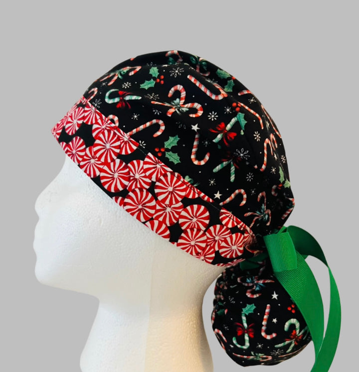 Scrub Cap, Christmas Candy Cane Ponytail Scrub Cap, Holiday Nurse Cap, Surgical Cap, Peppermint Christmas Gift for Nurses, Surgeons, Women, left side view.