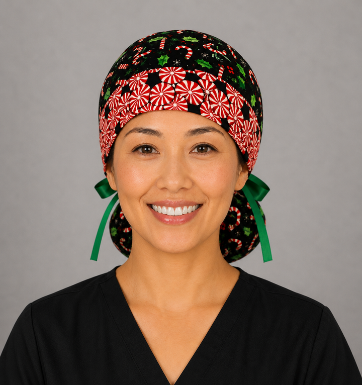 Christmas candy cane peppermint ponytail scrub cap back view close-up showing gathered pouch full of red white and green candy canes, holly and bows with green grosgrain ribbon bow