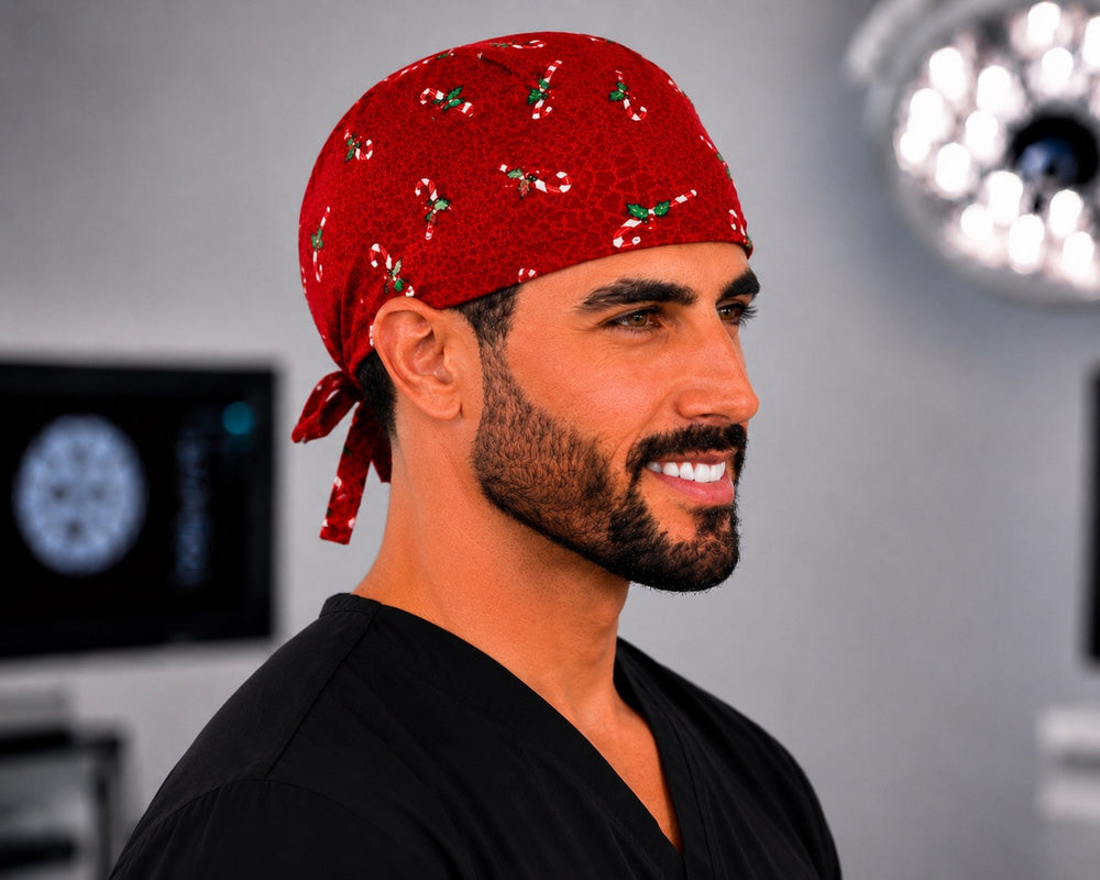 Side profile of red Christmas candy cane men's scrub cap, adjustable tie-back holiday surgical hat for surgeons and techs