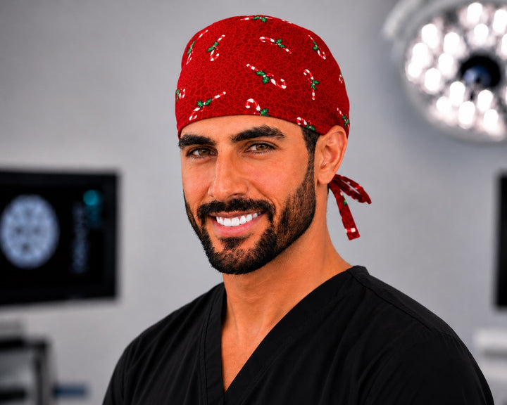 Christmas candy cane scrub cap in red with holly, handmade men&