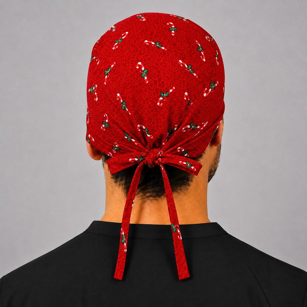 Back view of adjustable tie-back knot on red Christmas candy cane scrub cap surgical hat for men