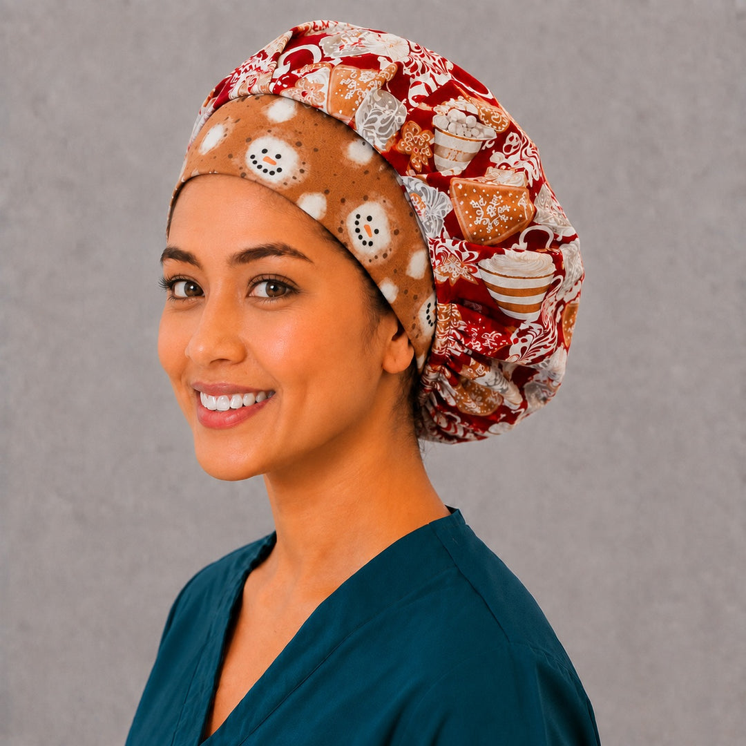 Christmas cocoa mug bouffant scrub cap, left angled smiling view — whipped cream and gingerbread cookie print for OR nurses and dietitians