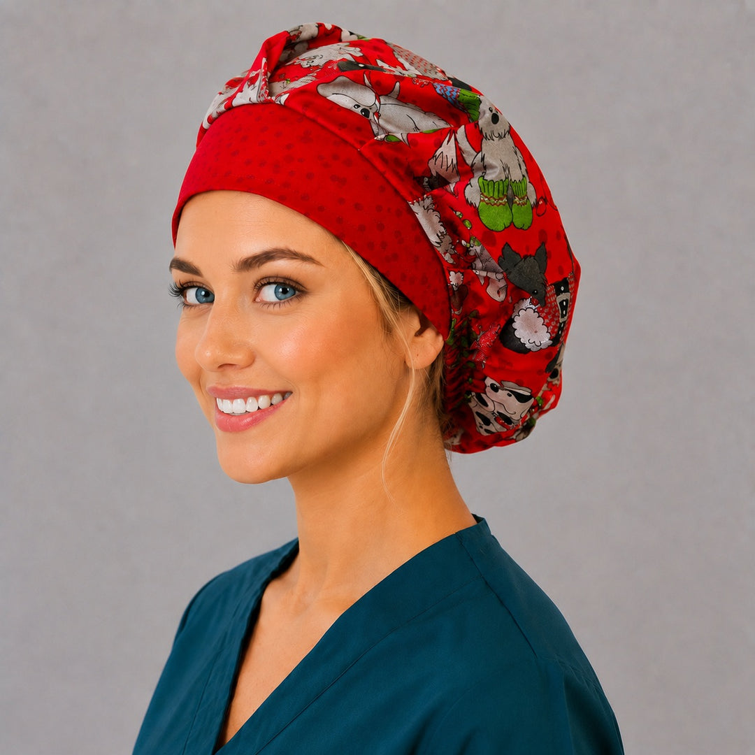Back view of the Christmas dog bouffant scrub cap — full gathered fit showing Santa-hat puppies, candy canes and ornaments on red