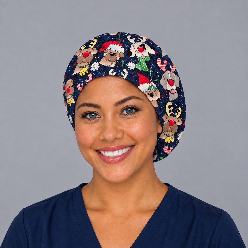 Woman wearing a Christmas dog Euro scrub cap, front view — Santa hat and reindeer puppies on navy, adjustable holiday surgical hat