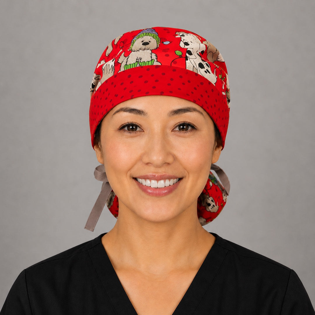 Christmas dogs ponytail scrub cap right side profile showing gathered pouch of pups in Santa hats and candy canes on red with white ribbon tie
