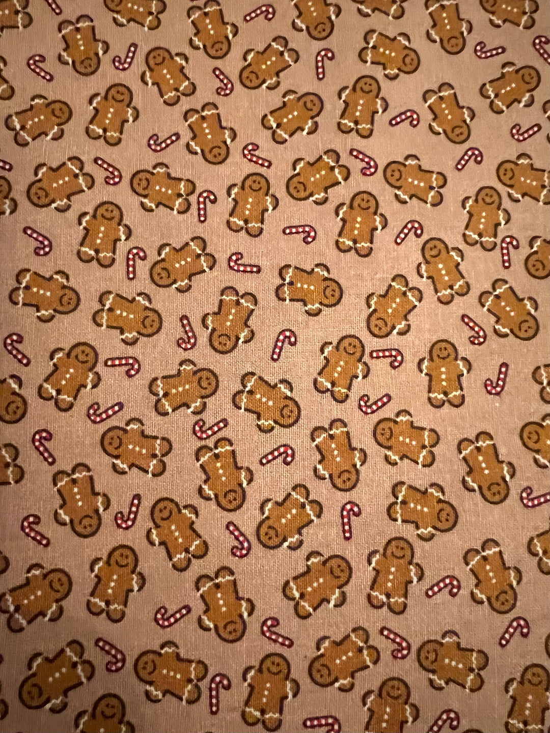 Christmas gingerbread cookie scrub cap with candy cane print for nurses, surgeons, surgical techs, dentists, veterinarians, and healthcare workers, festive unisex holiday scrub hat with optional satin lining, fabric view
