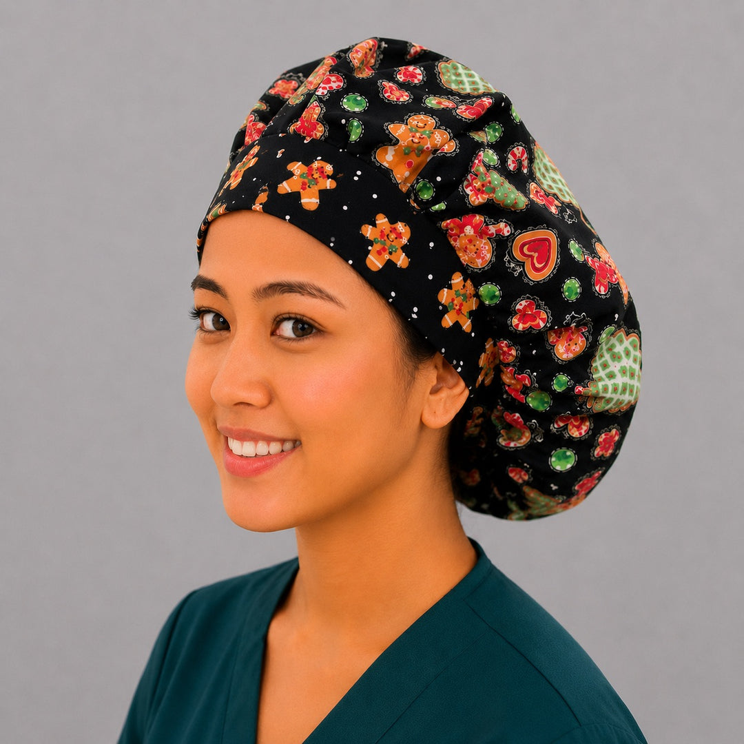 Christmas gingerbread man bouffant scrub cap for women, front view, gingerbread men, candy canes and cookies on black, handmade holiday surgical hat by OR World
