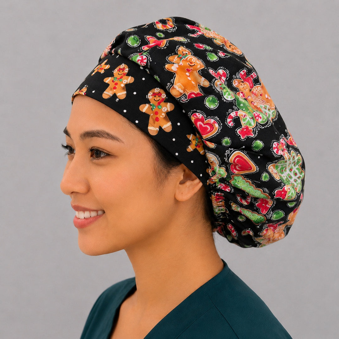 Christmas gingerbread man bouffant scrub cap right side profile showing gingerbread men, peppermints and cookies on black, women&