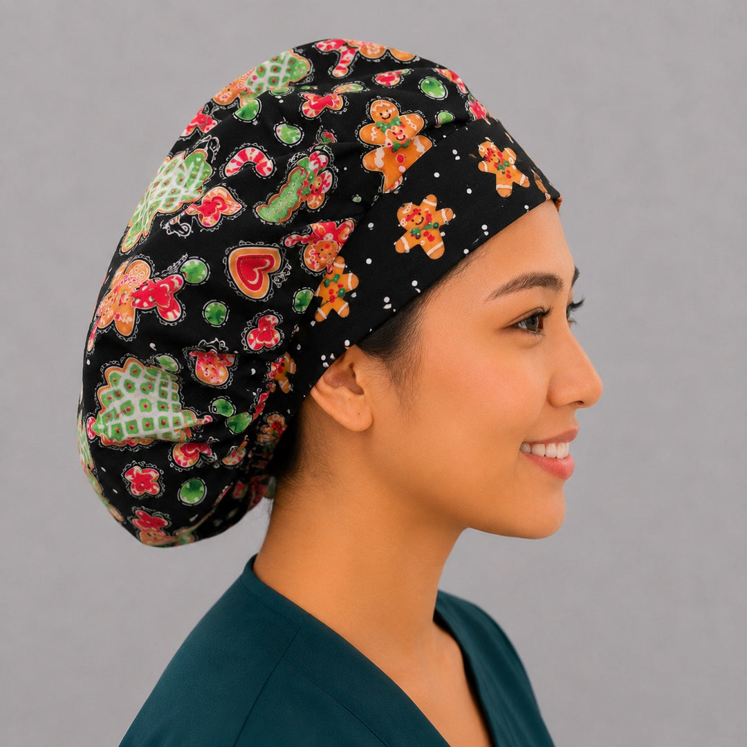 Christmas gingerbread man bouffant scrub cap right three-quarter angle on smiling model showing gingerbread men and candy canes on black, OR World holiday nurse hat