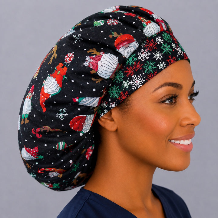 Back view of the Christmas gnome bouffant scrub cap — gnomes, reindeer, ornaments and snowflakes across the full navy crown