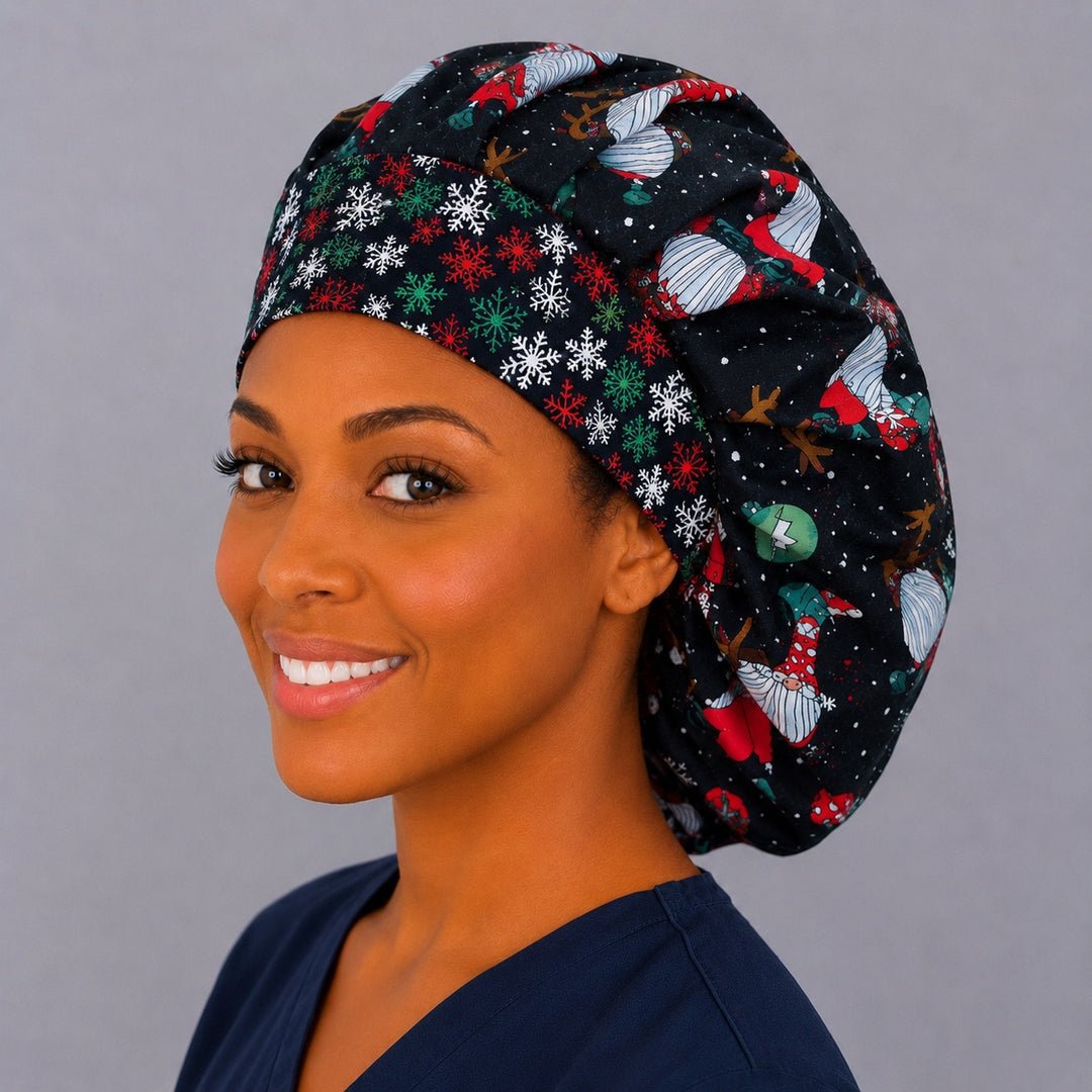 Christmas gnome and reindeer bouffant scrub cap, side profile — candy canes and snow on navy, roomy elastic-back holiday cap