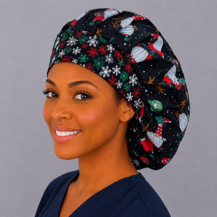 Christmas gnome and reindeer bouffant scrub cap, side profile — candy canes and snow on navy, roomy elastic-back holiday cap